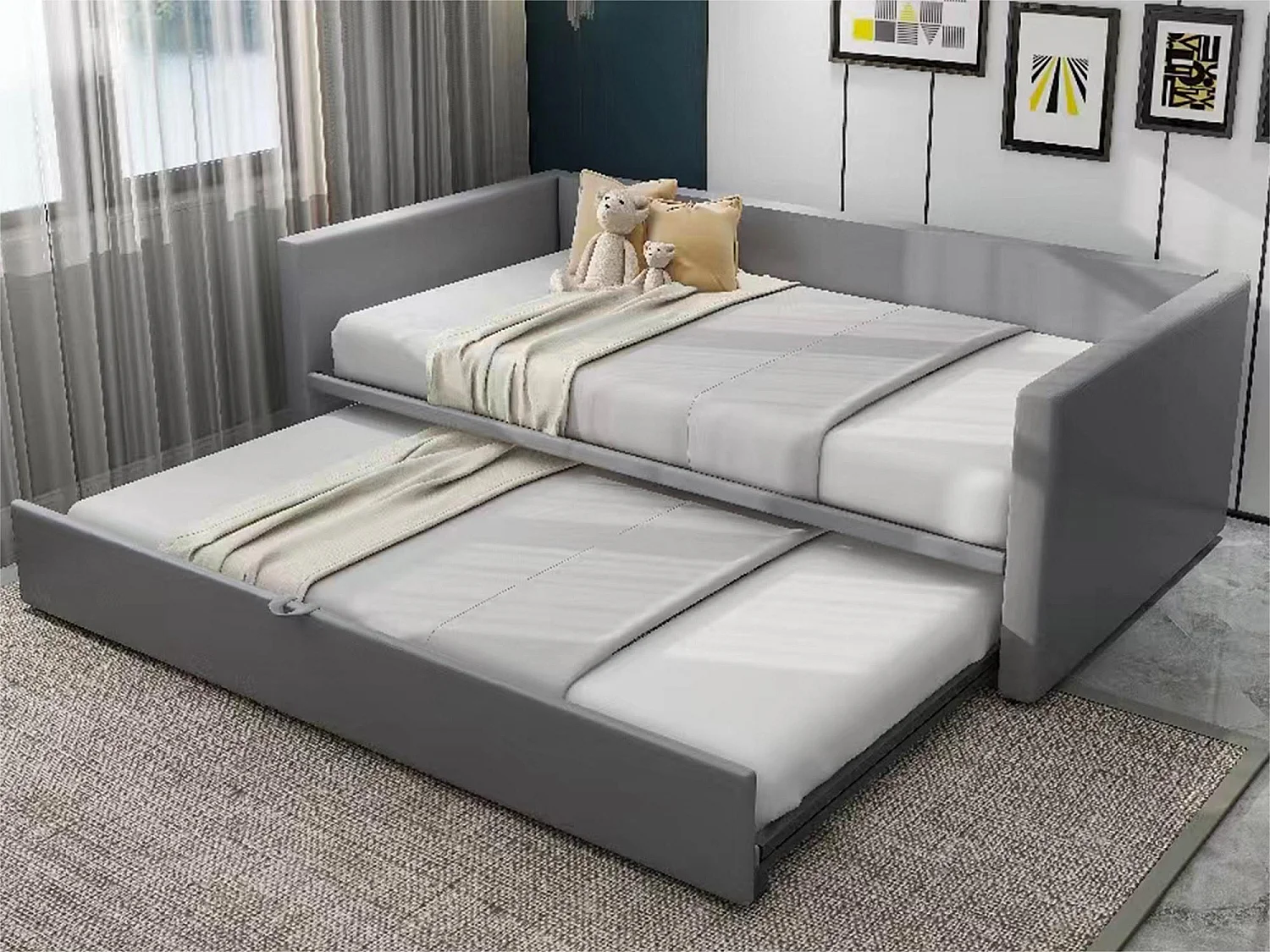 Fluwelen onderschuifbed met lattenbodem - 90/180x200cm - Lichtgrijs