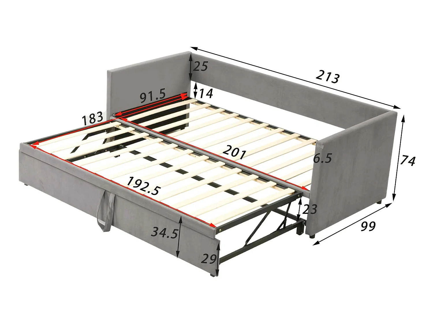 Fluwelen onderschuifbed met lattenbodem - 90/180x200cm - Lichtgrijs