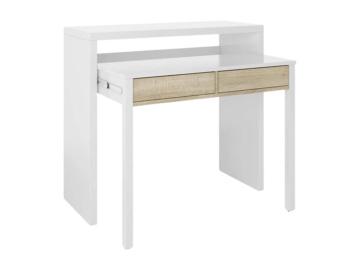 Bureau Damodi, Bureau avec plateau extensible, Bureau PC avec 2 tiroirs, 99x36h88 cm, Blanc et Chêne
