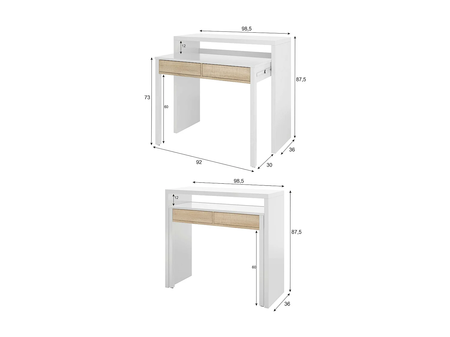 Bureau Damodi, Bureau avec plateau extensible, Bureau PC avec 2 tiroirs, 99x36h88 cm, Blanc et Chêne
