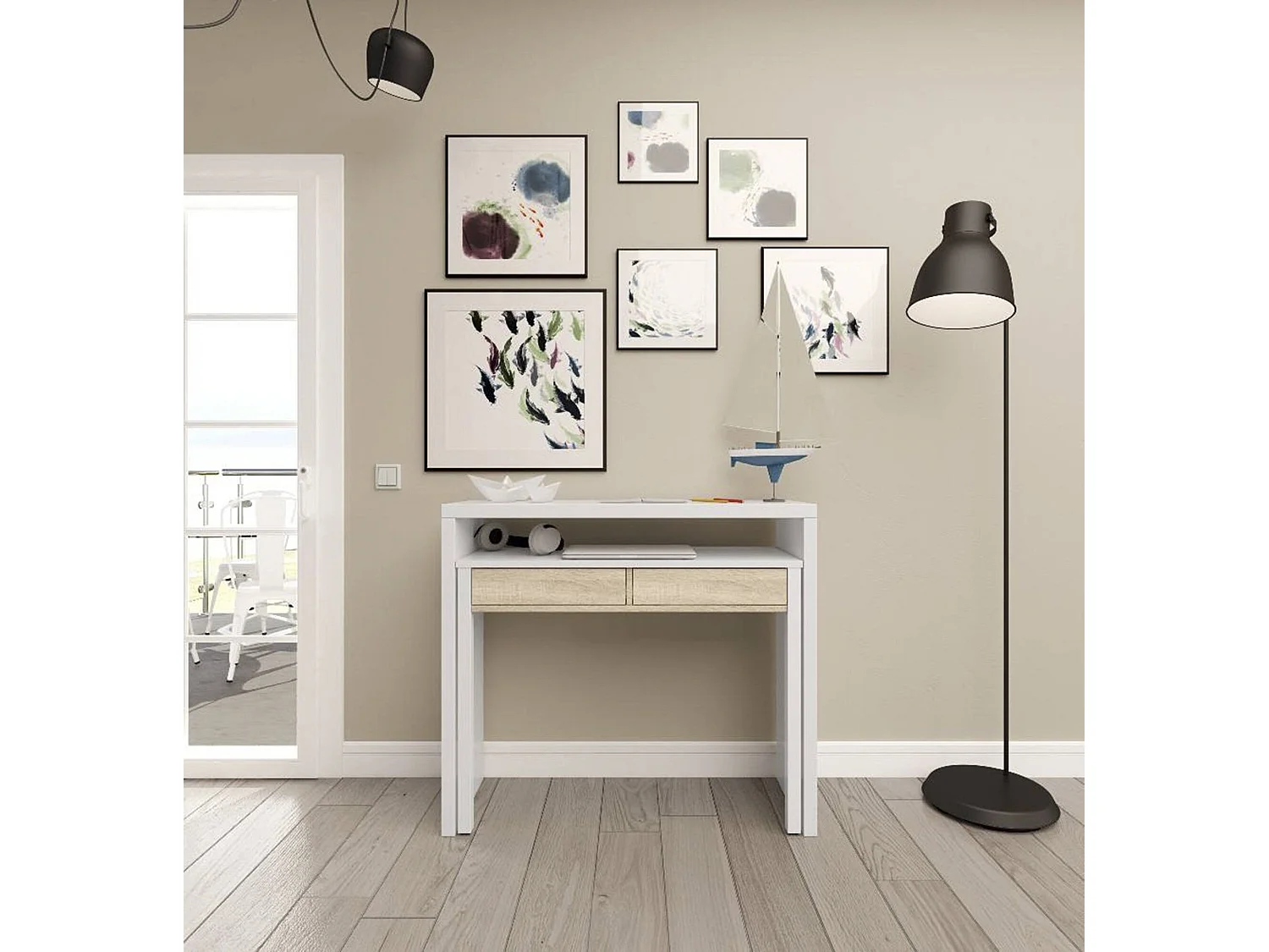 Bureau Damodi, Bureau avec plateau extensible, Bureau PC avec 2 tiroirs, 99x36h88 cm, Blanc et Chêne