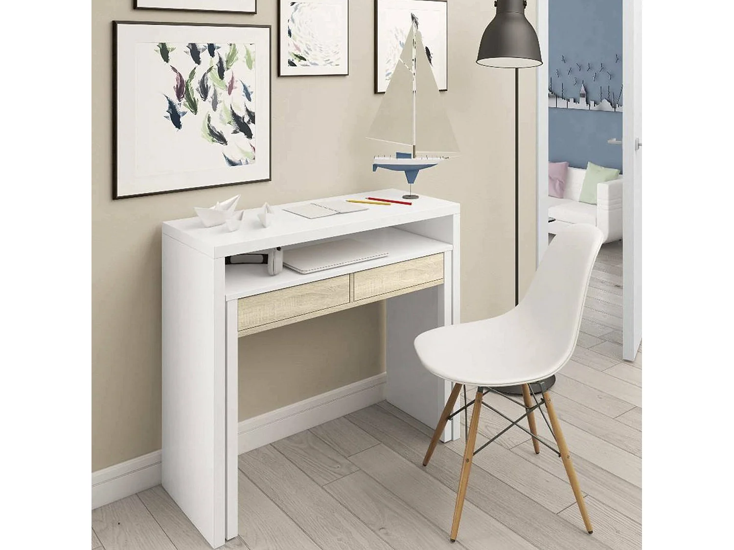 Scrivania Andriy, 2 Cassetti, 36x98.5x87.5h cm Bianco