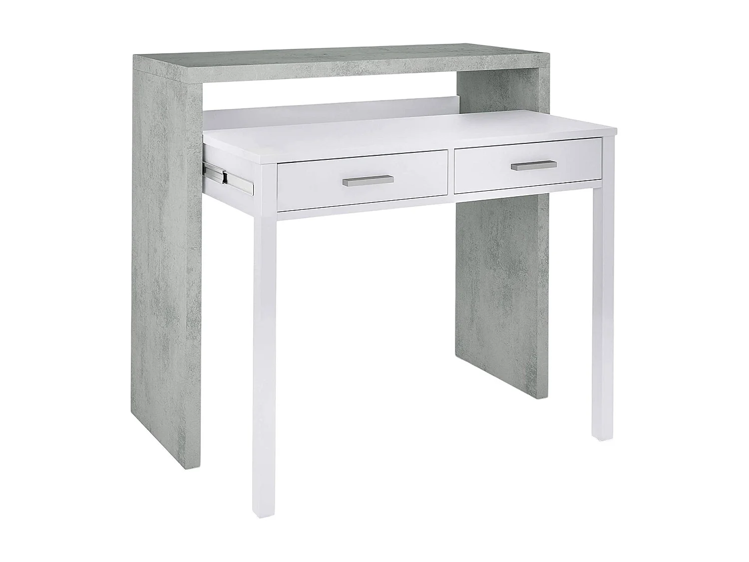 Bureau Damodi, Bureau avec plateau extensible, Bureau PC avec 2 tiroirs, 99x36h88 cm, Ciment et Blanc