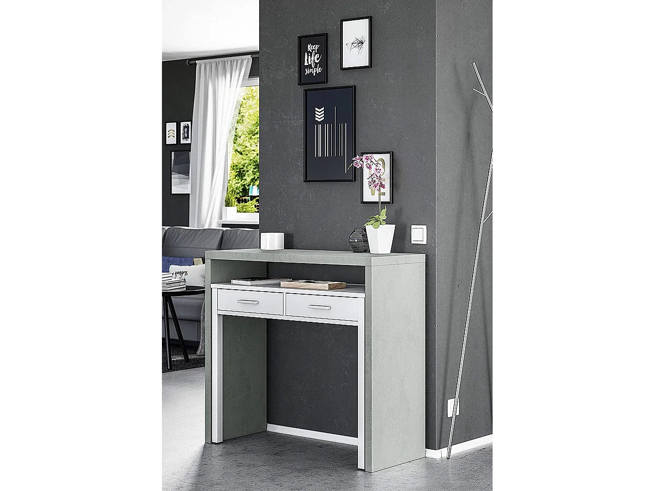 Bureau Damodi, Bureau avec plateau extensible, Bureau PC avec 2 tiroirs, 99x36h88 cm, Ciment et Blanc