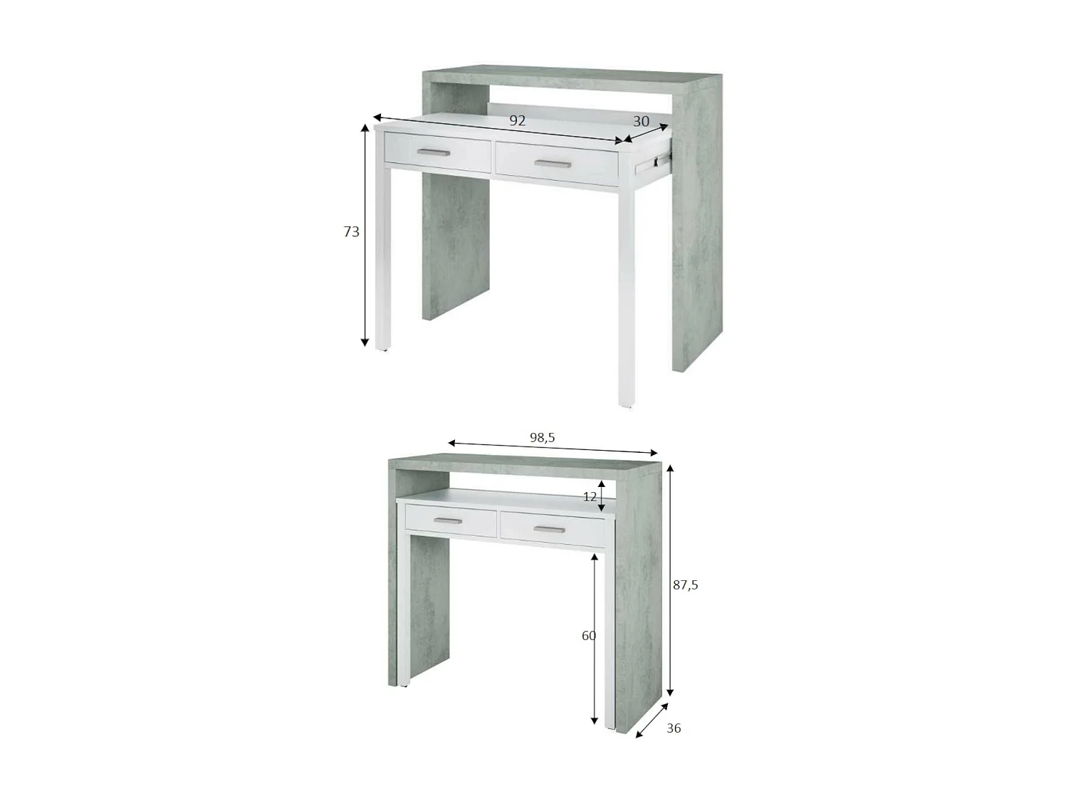 Bureau Damodi, Bureau avec plateau extensible, Bureau PC avec 2 tiroirs, 99x36h88 cm, Ciment et Blanc