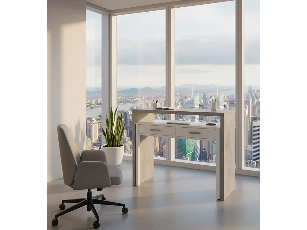 Bureau Damodi, Bureau avec plateau extensible, Bureau PC avec 2 tiroirs, 99x36h88 cm, Ciment et Blanc