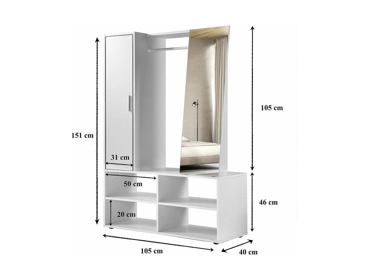 FMD Kleiderschrank mit 4 Fächern und Spiegel 105x39,7x151,3 cm Weiß