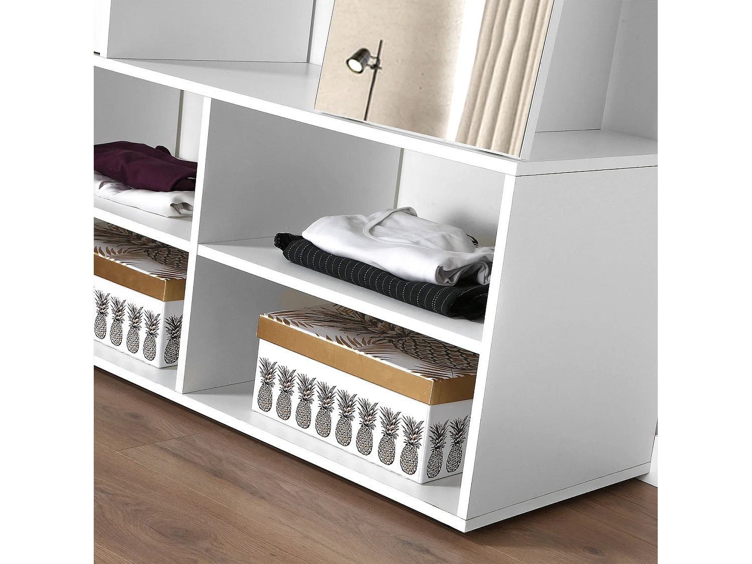 FMD Kleiderschrank mit 4 Fächern und Spiegel 105x39,7x151,3 cm Weiß