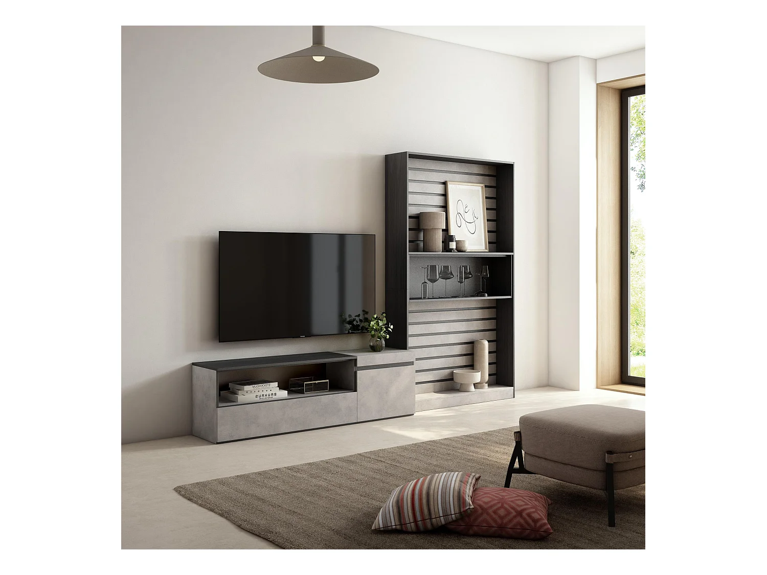 Ensemble Meuble TV, 260x186x35cm, Pour les TV jusqu'à 65", Salon Complet, Ciment