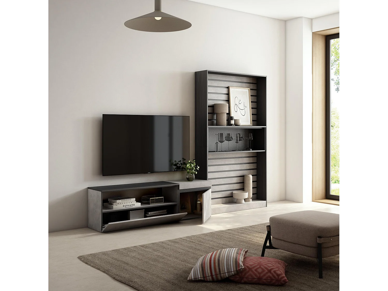 Ensemble Meuble TV, 260x186x35cm, Pour les TV jusqu'à 65", Salon Complet, Ciment