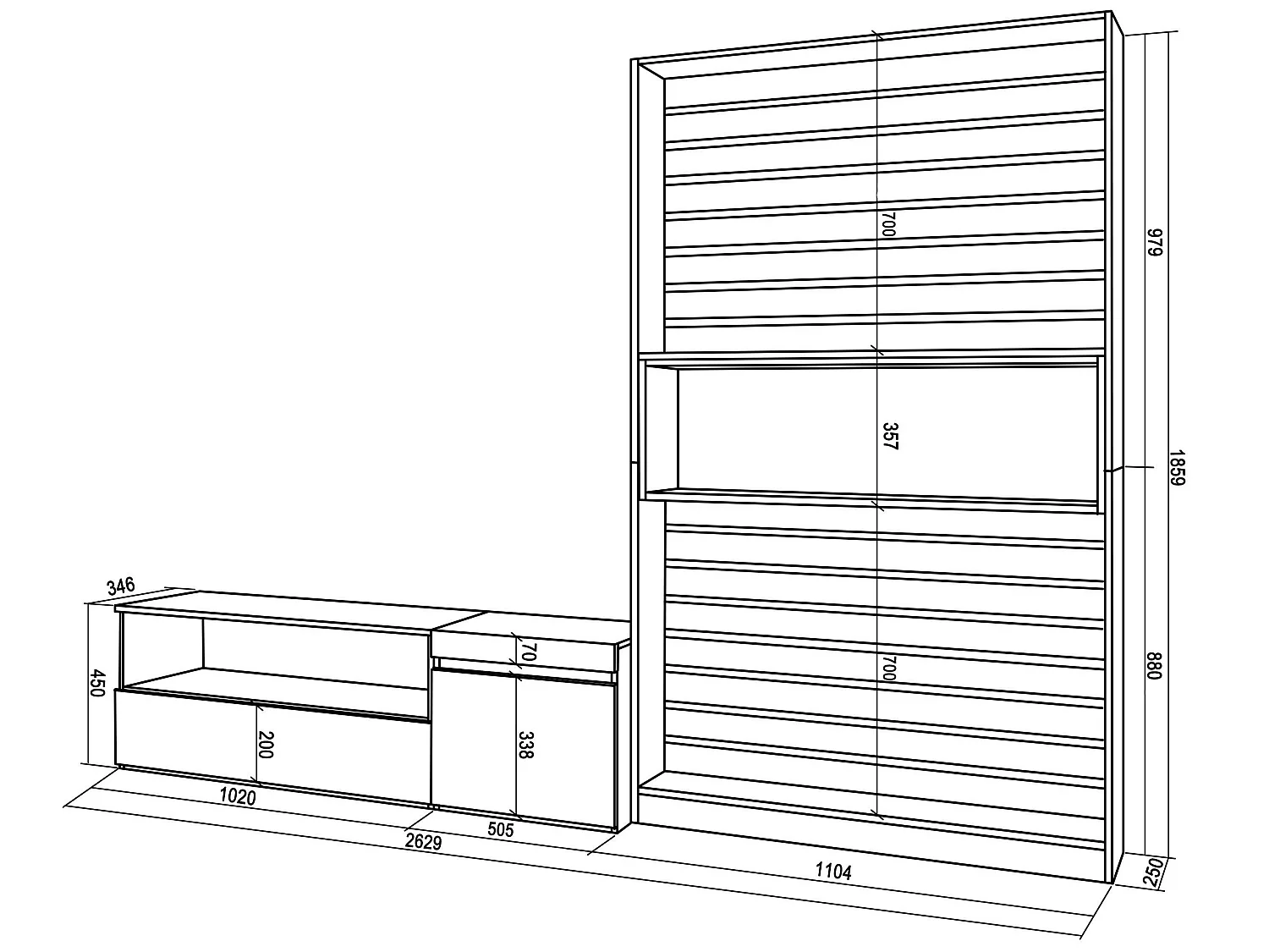 Ensemble Meuble TV, 260x186x35cm, Pour les TV jusqu'à 65", Salon Complet, Ciment