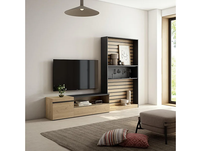 Ensemble Meuble TV, 260x35x186cm, Pour les TV jusqu'à 65", Salon Complet, Chêne et noir