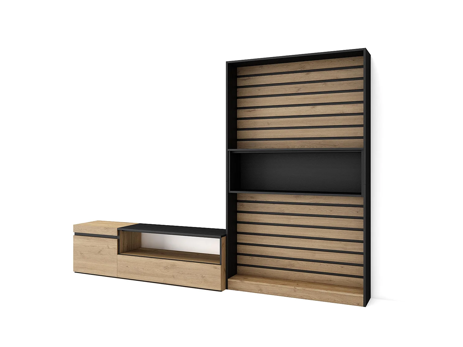 Muebles de Salón para TV, 260x35x186cm, Para TV hasta 65", Mueble Televisión, Roble y negro