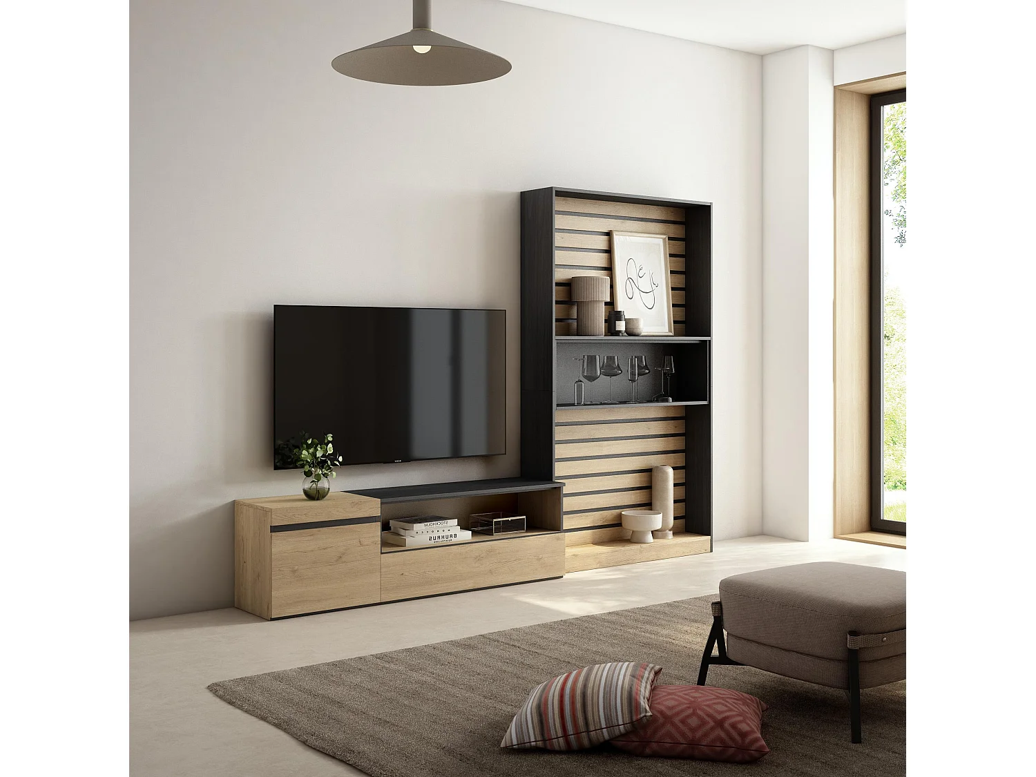 Muebles de Salón para TV, 260x35x186cm, Para TV hasta 65", Mueble Televisión, Roble y negro