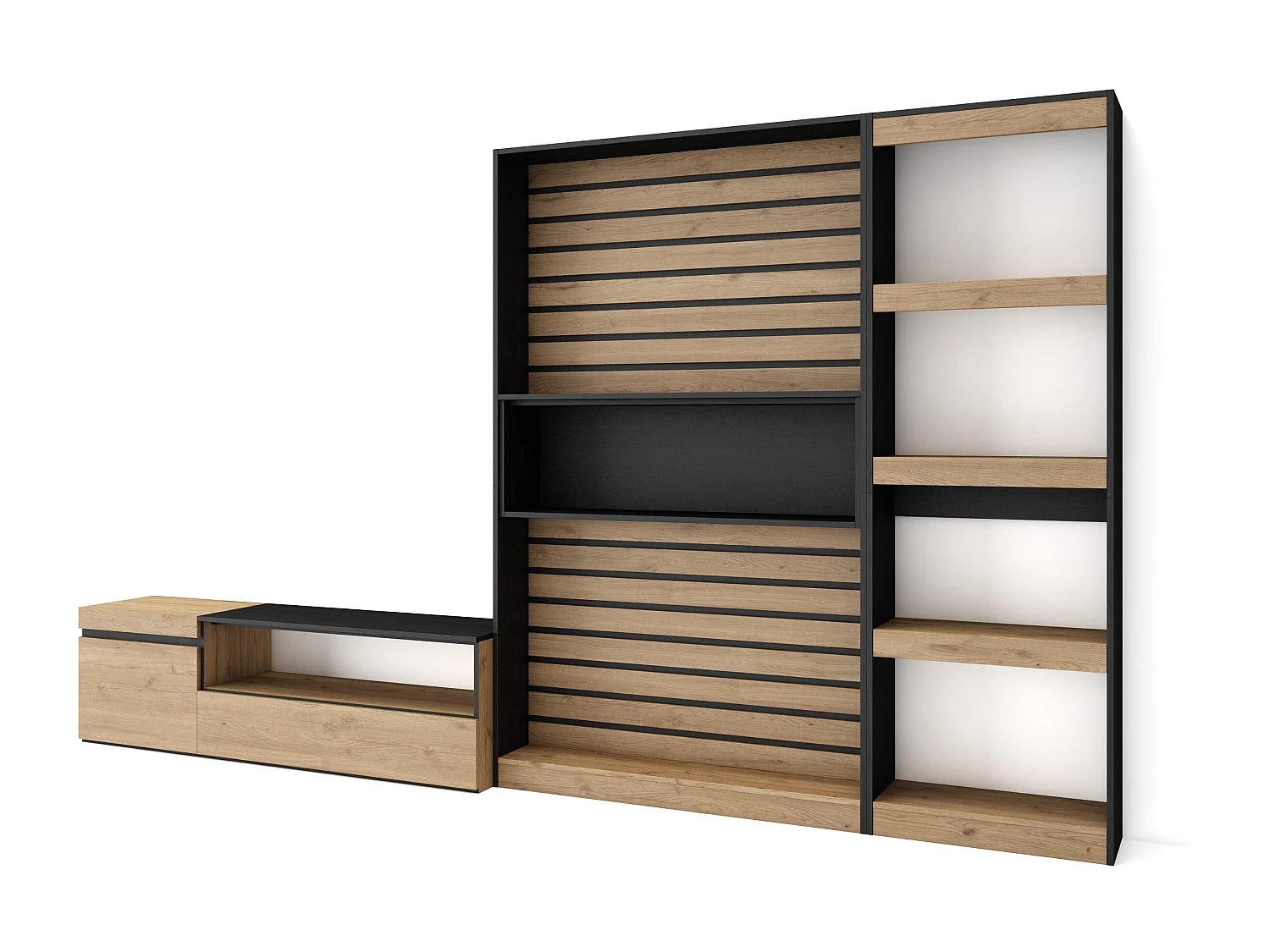 Ensemble Meuble TV, 320x35x186cm, Salon Complet, Chêne et noir