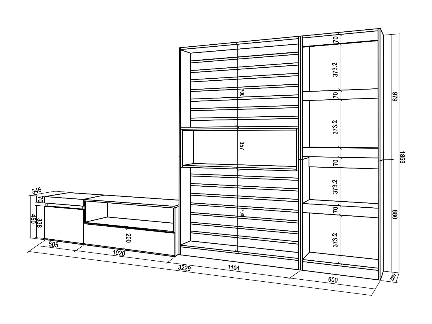 Meubels voor woonkamer, 320x35x186cm, TV-Tafel, Eiken/Zwart