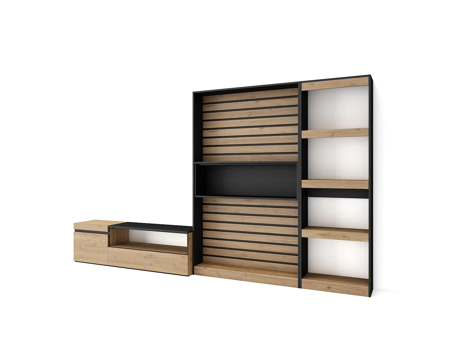 Ensemble Meuble TV, 320x35x186cm, Salon Complet, Chêne et noir