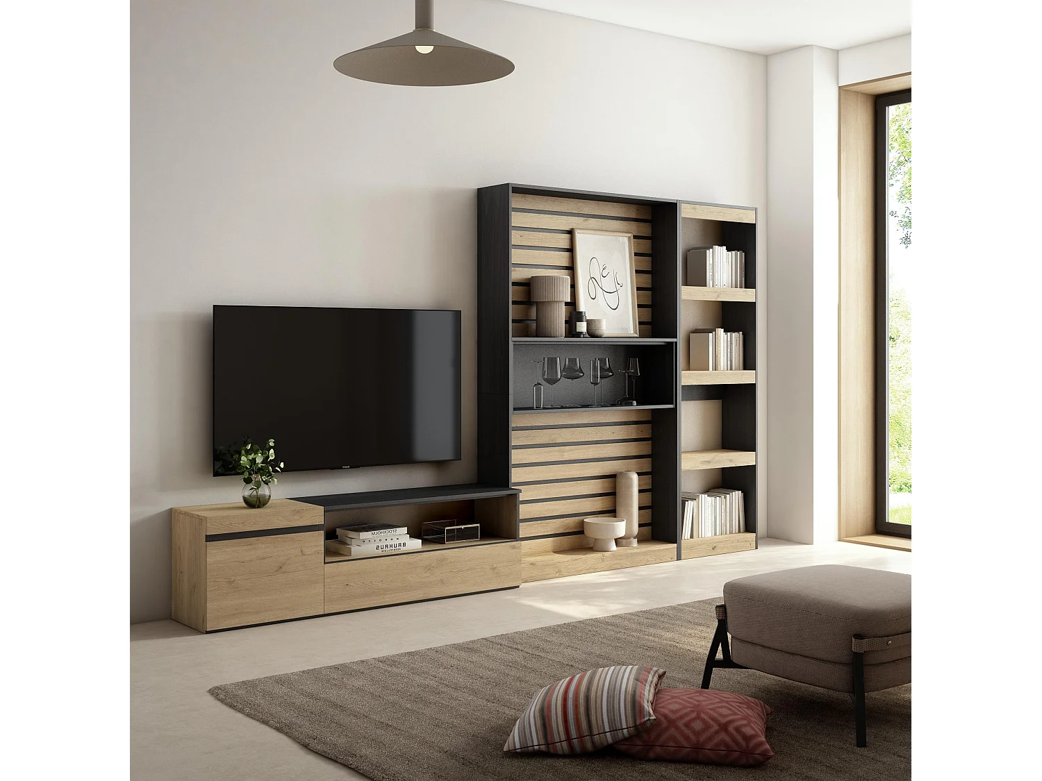 Ensemble Meuble TV, 320x35x186cm, Salon Complet, Chêne et noir