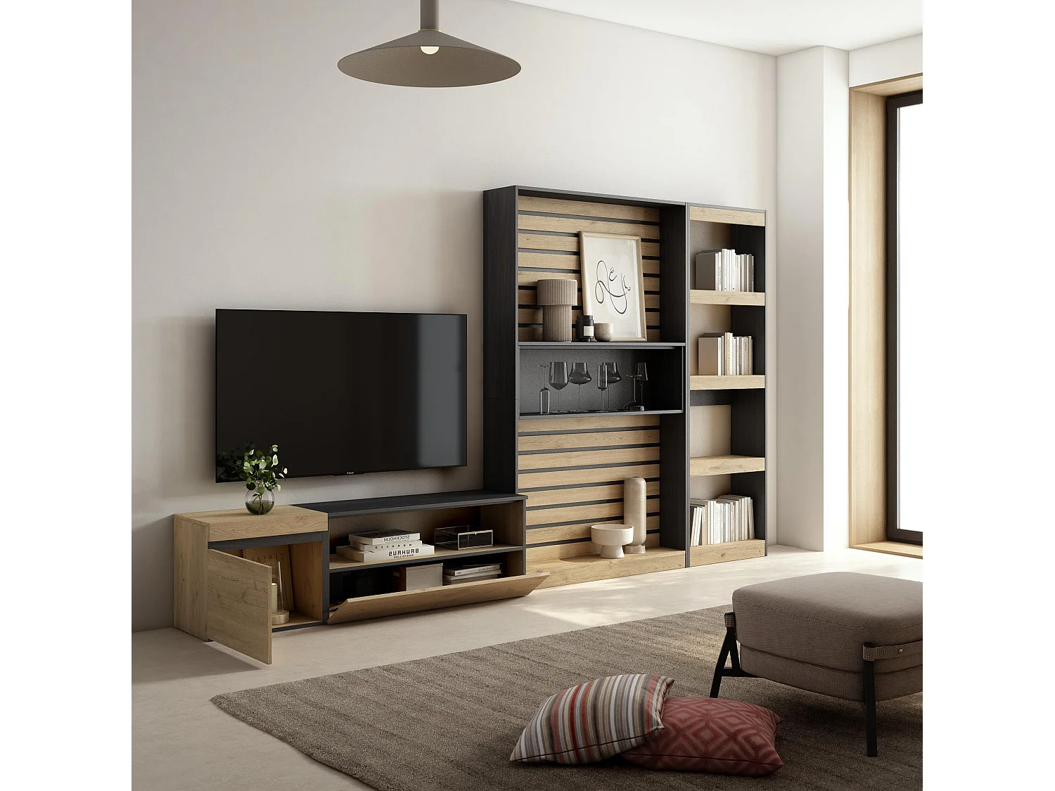 Ensemble Meuble TV, 320x35x186cm, Salon Complet, Chêne et noir