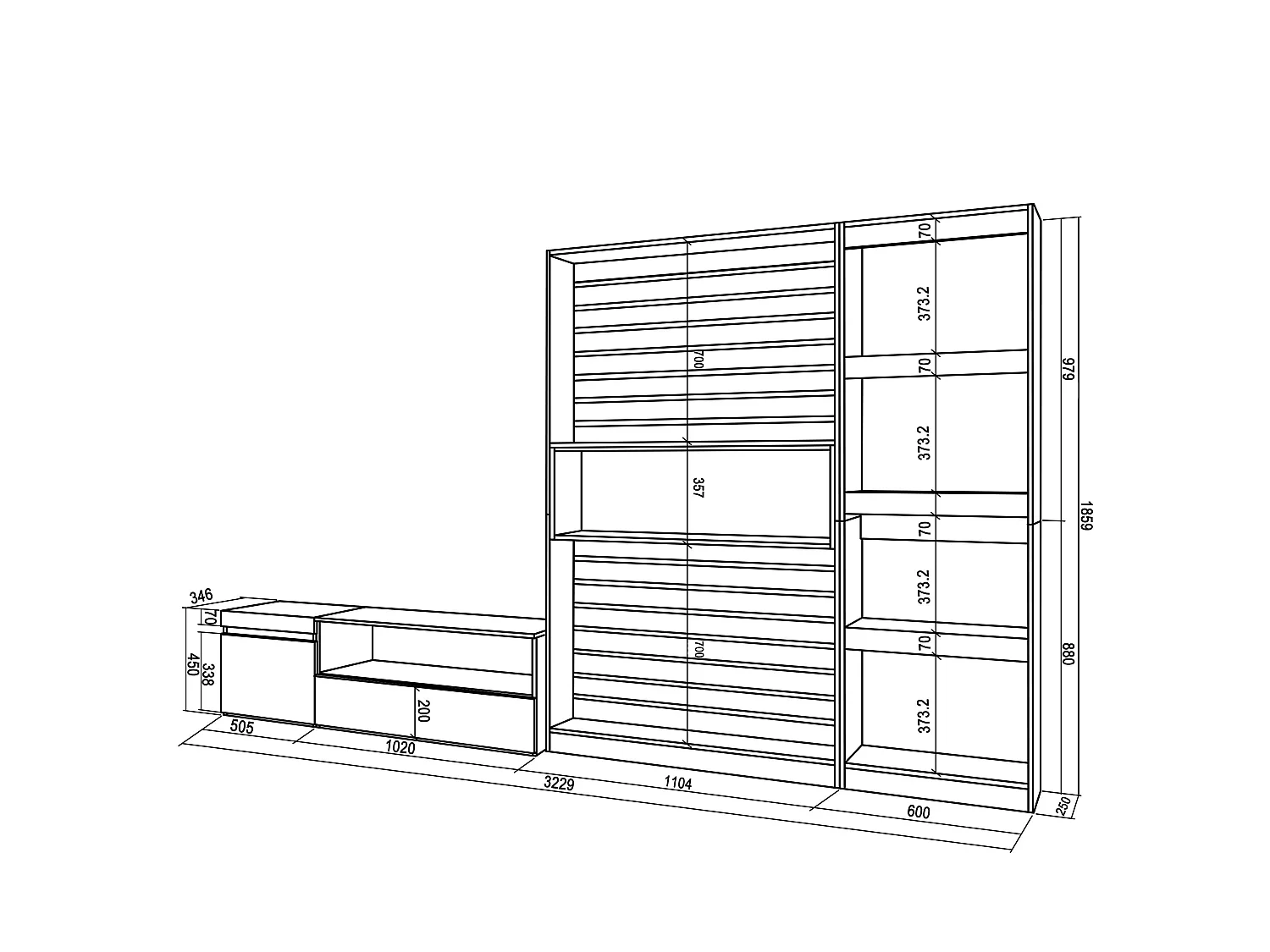 Ensemble Meuble TV, 320x35x186cm, Salon Complet, Chêne et noir