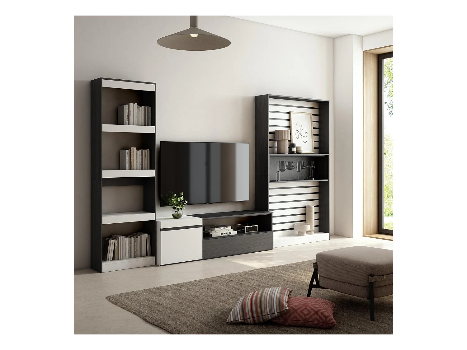 Ensemble Meuble TV, 320x186x35cm, Salon Complet, Blanc et noir