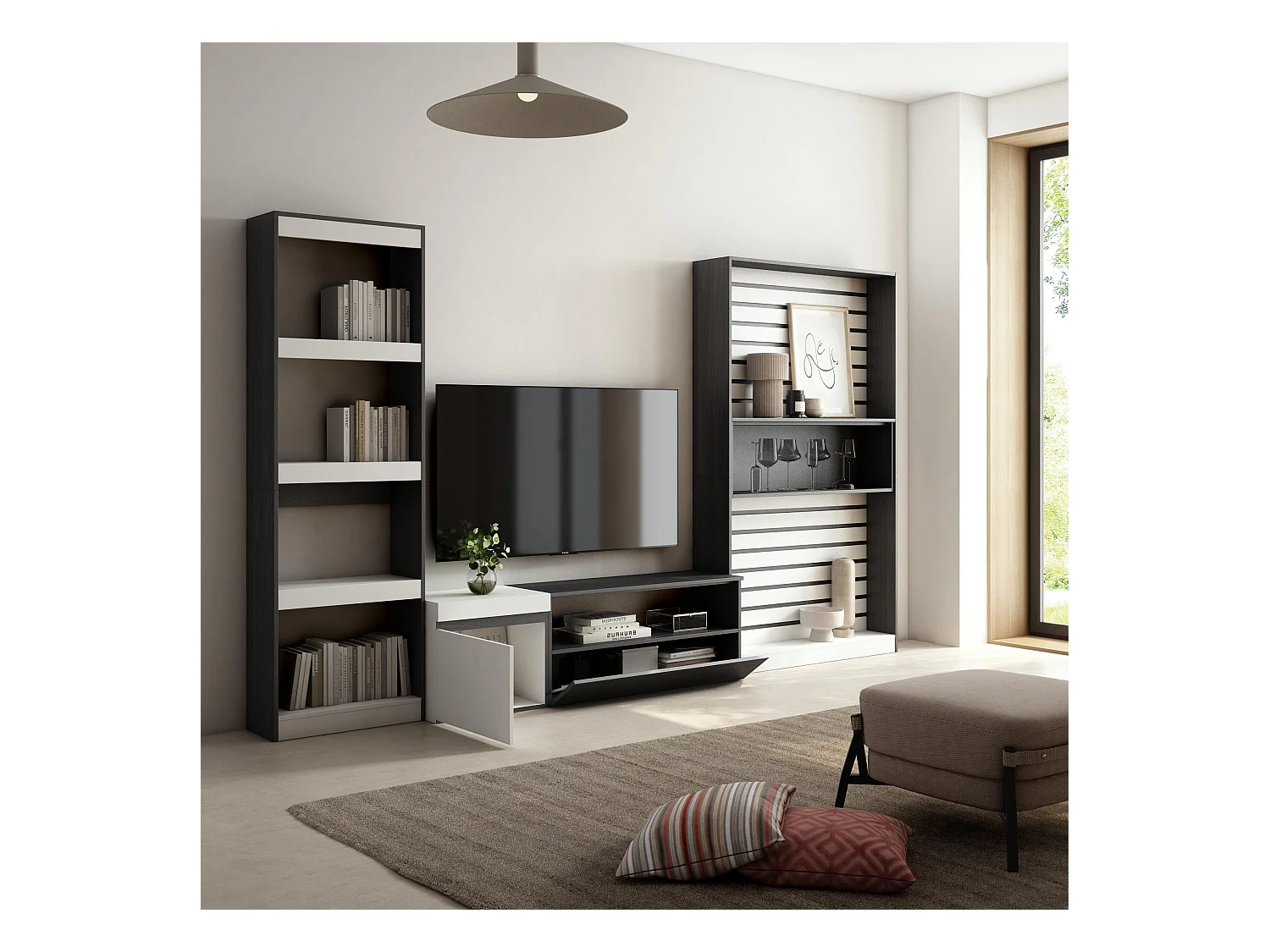 Ensemble Meuble TV, 320x186x35cm, Salon Complet, Blanc et noir