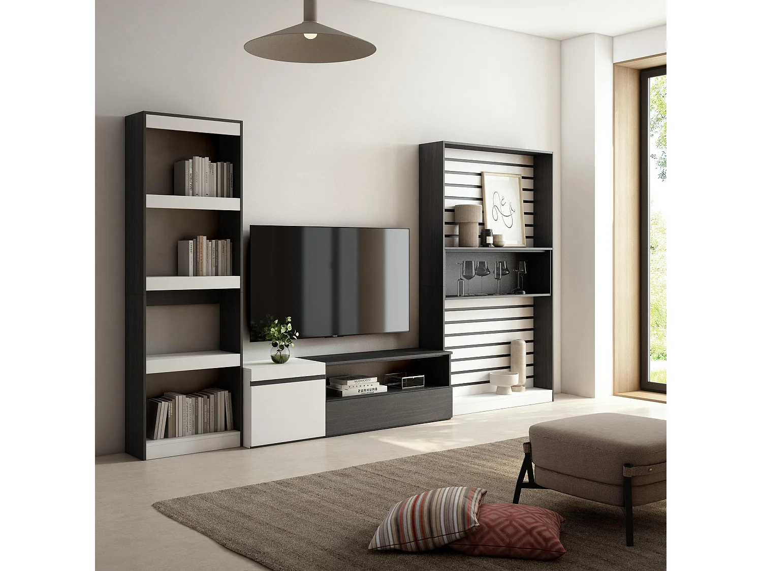 Ensemble Meuble TV, 320x186x35cm, Salon Complet, Blanc et noir