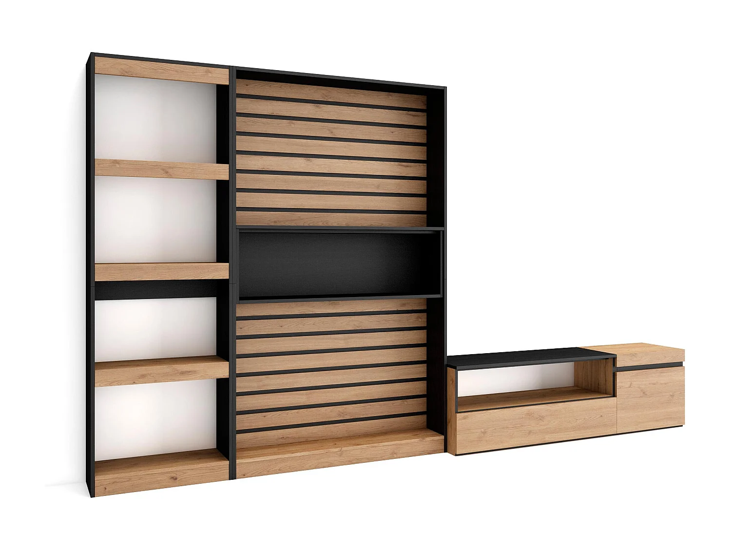 Ensemble Meuble TV, 320x35x186cm, Salon Complet, Chêne et noir