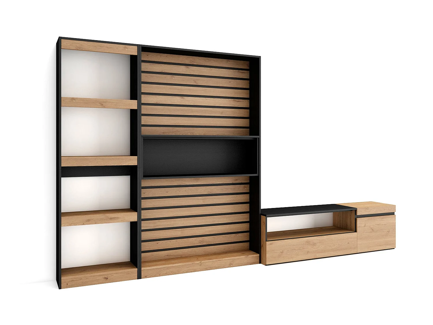 Ensemble Meuble TV, 320x35x186cm, Salon Complet, Chêne et noir