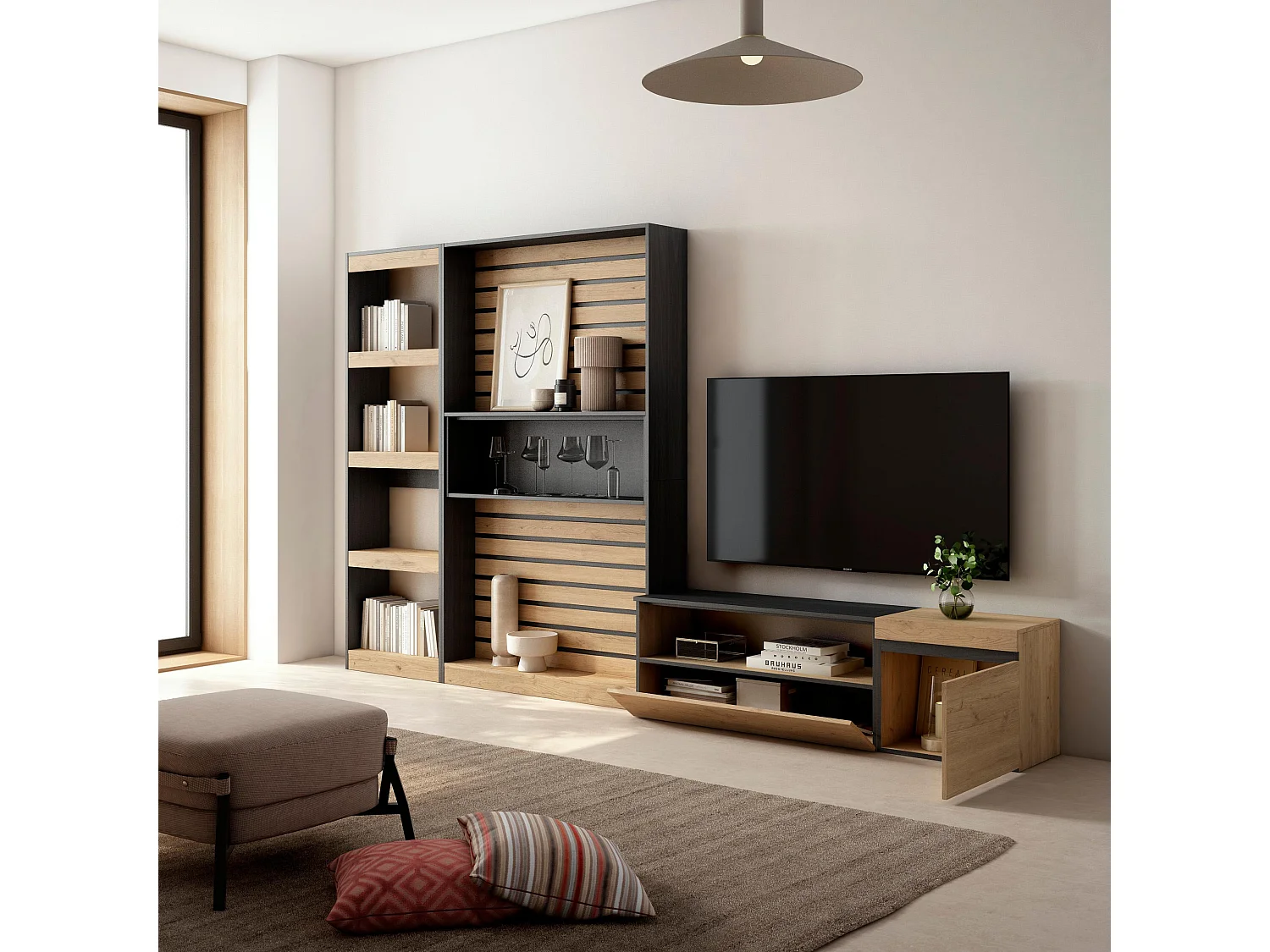 Conjunto de móveis TV, 320x35x186cm, Estante para TV, Carvahlo e preto