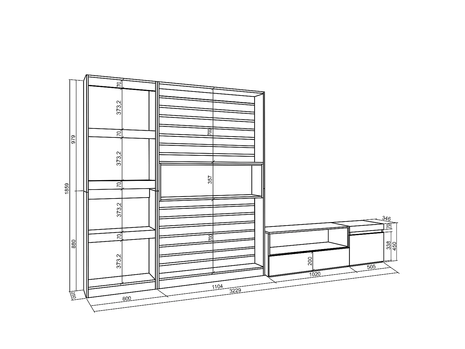 Conjunto de móveis TV, 320x35x186cm, Estante para TV, Carvahlo e preto