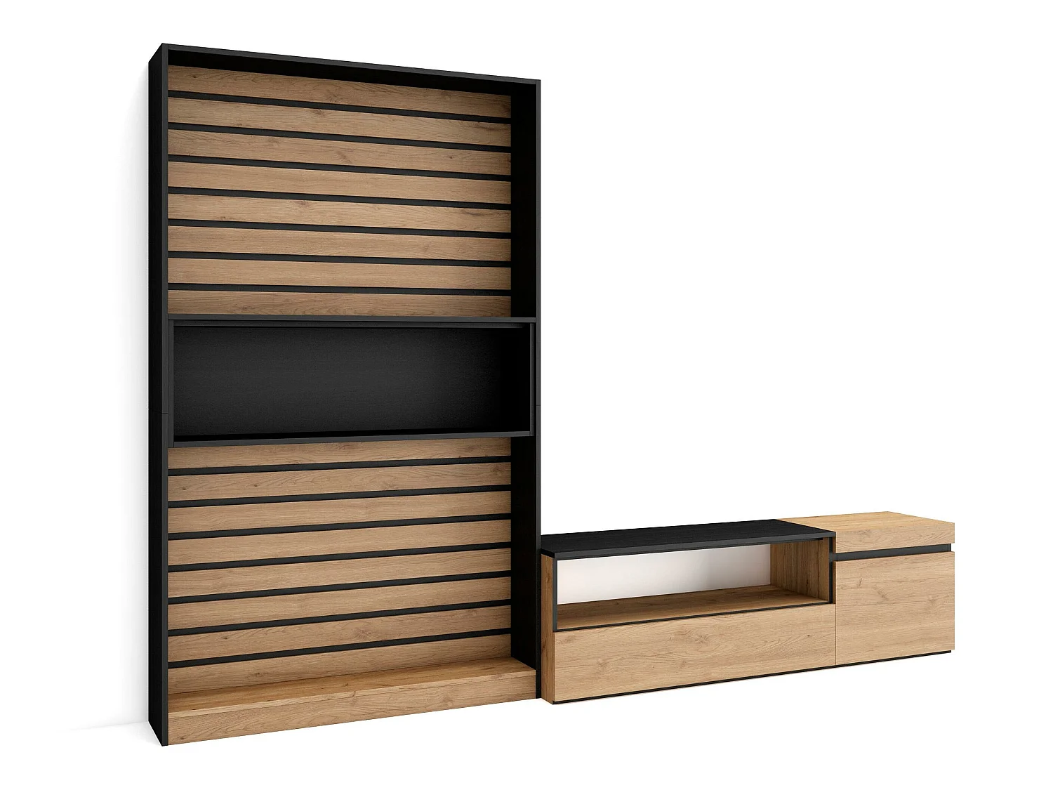 Ensemble Meuble TV, 260x35x186cm, Pour les TV jusqu'à 65", Salon Complet, Chêne et noir
