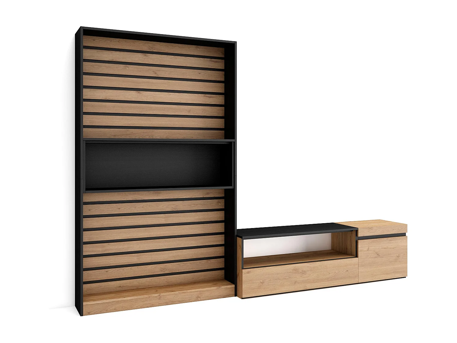 Ensemble Meuble TV, 260x35x186cm, Pour les TV jusqu'à 65", Salon Complet, Chêne et noir