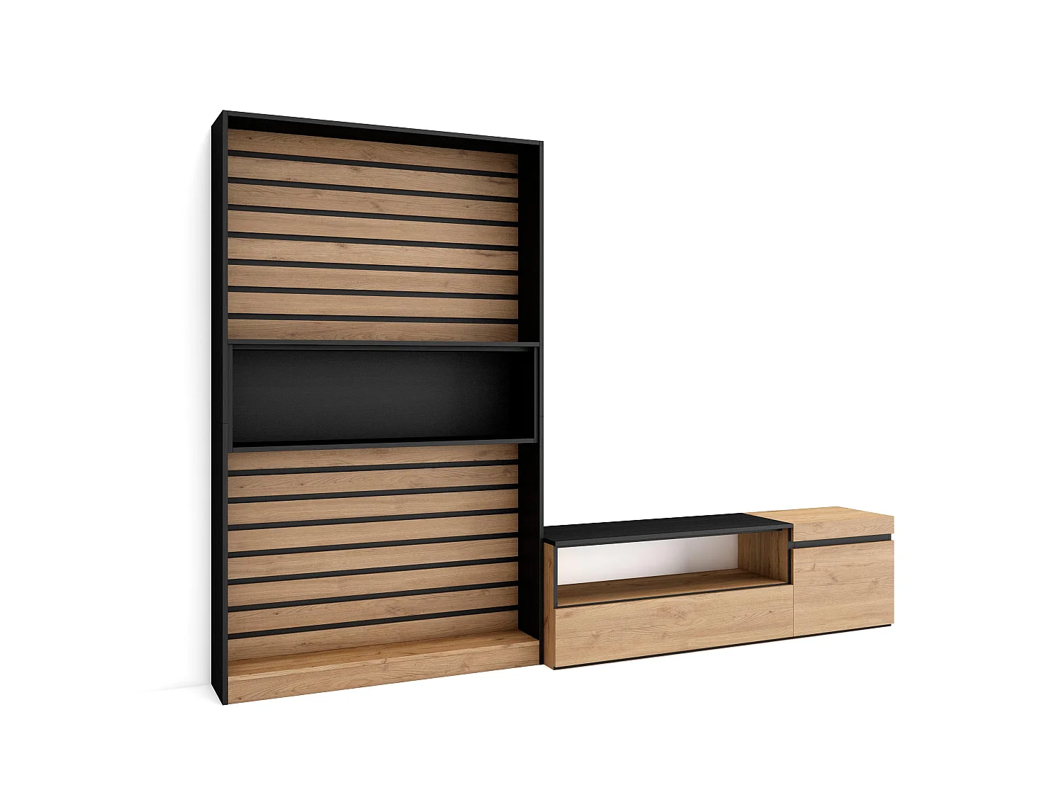 Conjunto de móveis TV, 260x35x186cm, Para televisores até 65", Estante para TV, Carvahlo e preto