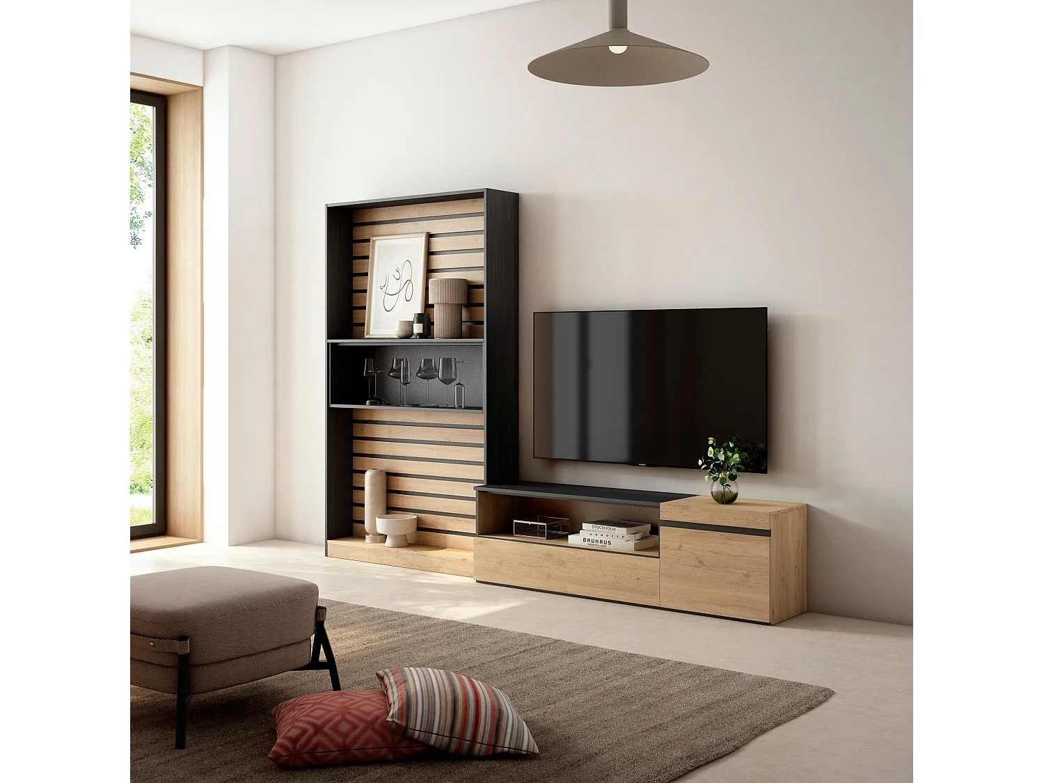 Conjunto de móveis TV, 260x35x186cm, Para televisores até 65", Estante para TV, Carvahlo e preto