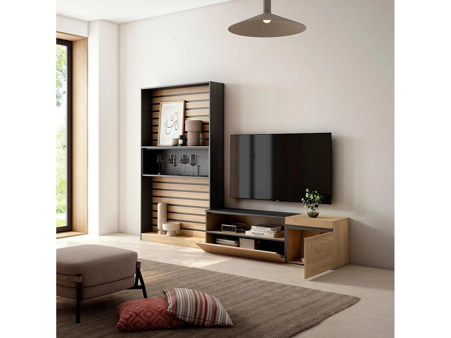 Conjunto de móveis TV, 260x35x186cm, Para televisores até 65", Estante para TV, Carvahlo e preto