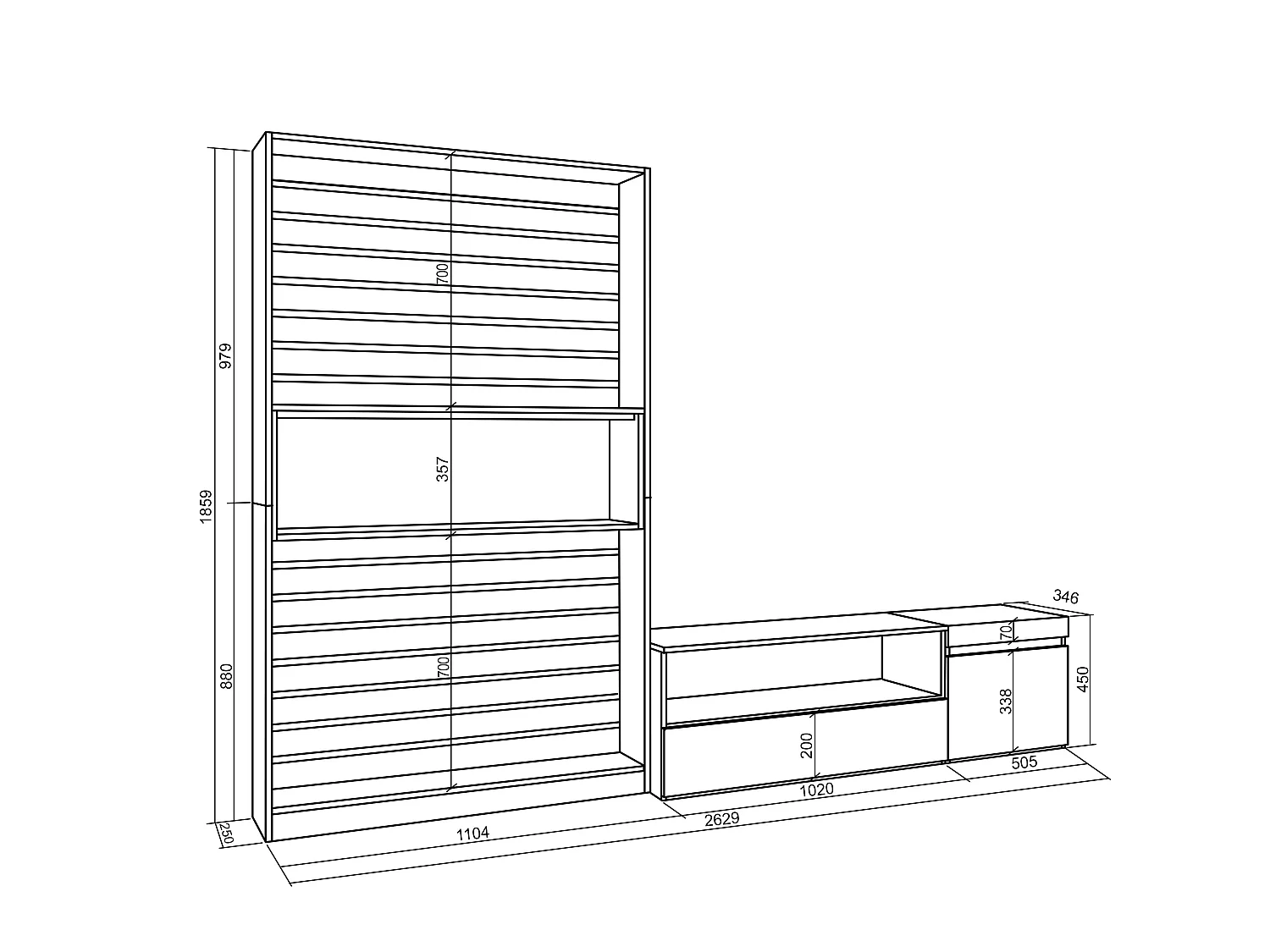 Conjunto de móveis TV, 260x35x186cm, Para televisores até 65", Estante para TV, Carvahlo e preto