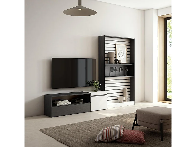 Ensemble Meuble TV, 260x35x186cm, Pour les TV jusqu'à 65", Salon Complet, Blanc et noir