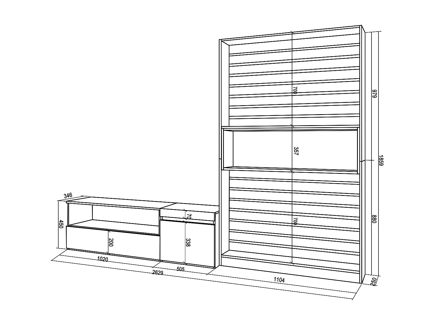 Ensemble Meuble TV, 260x35x186cm, Pour les TV jusqu'à 65", Salon Complet, Blanc et noir