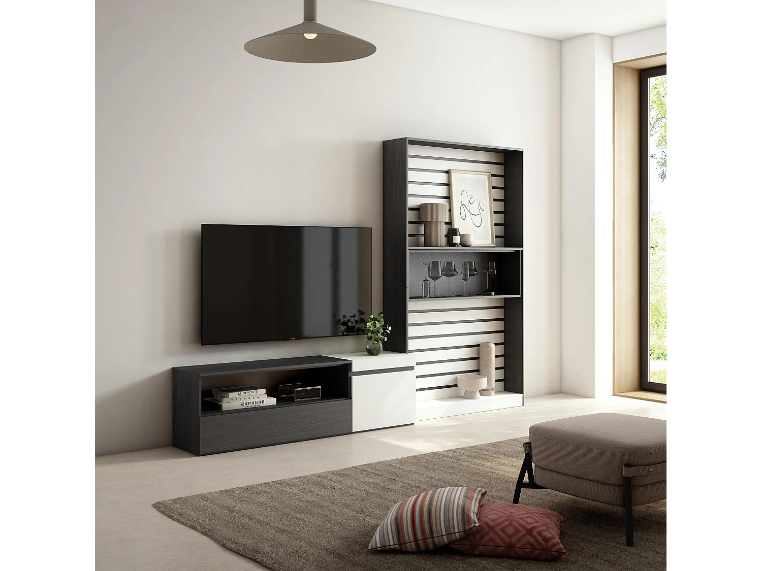 Wohnwand Wohnzimmer, 260x35x186cm, Für TV-Geräte bis zu 65", Wohnzimmer Möbel , Weiß und Schwarz