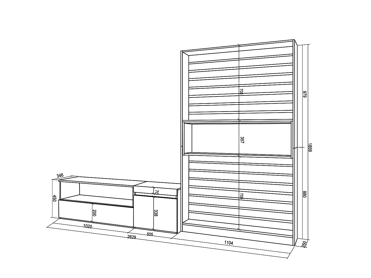 Ensemble Meuble TV, 260x35x186cm, Pour les TV jusqu'à 65", Salon Complet, Blanc et noir