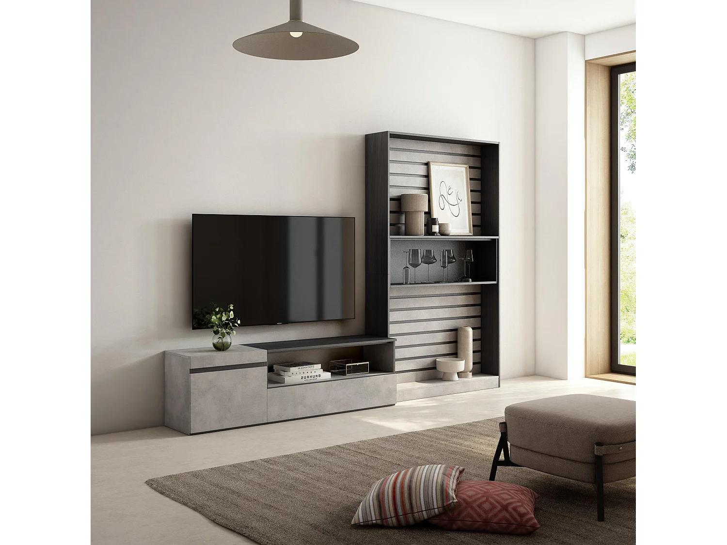 Ensemble Meuble TV, 260x186x35cm, Pour les TV jusqu'à 65", Salon Complet, Ciment