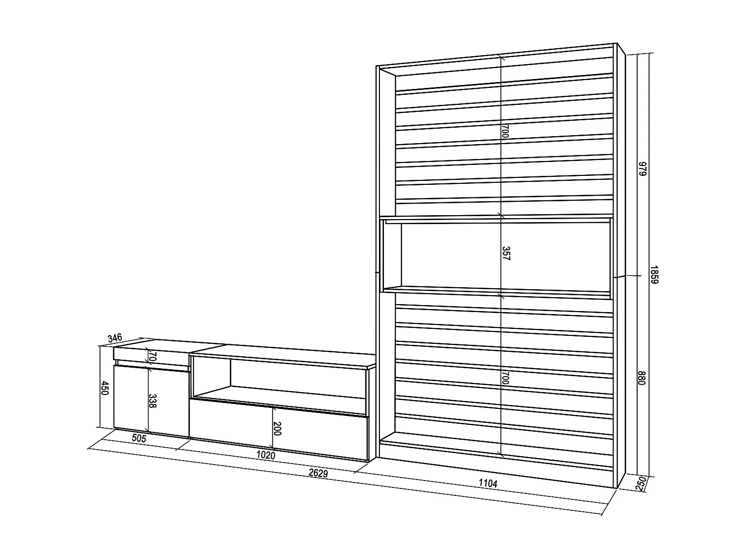Ensemble Meuble TV, 260x186x35cm, Pour les TV jusqu'à 65", Salon Complet, Ciment