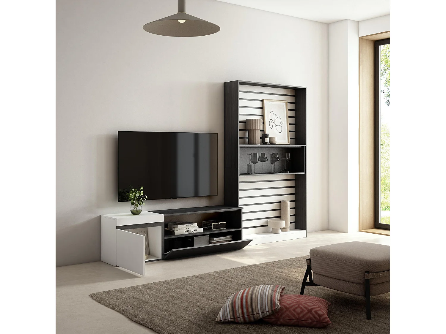 Ensemble Meuble TV, 260x35x186cm, Pour les TV jusqu'à 65", Salon Complet, Blanc et noir