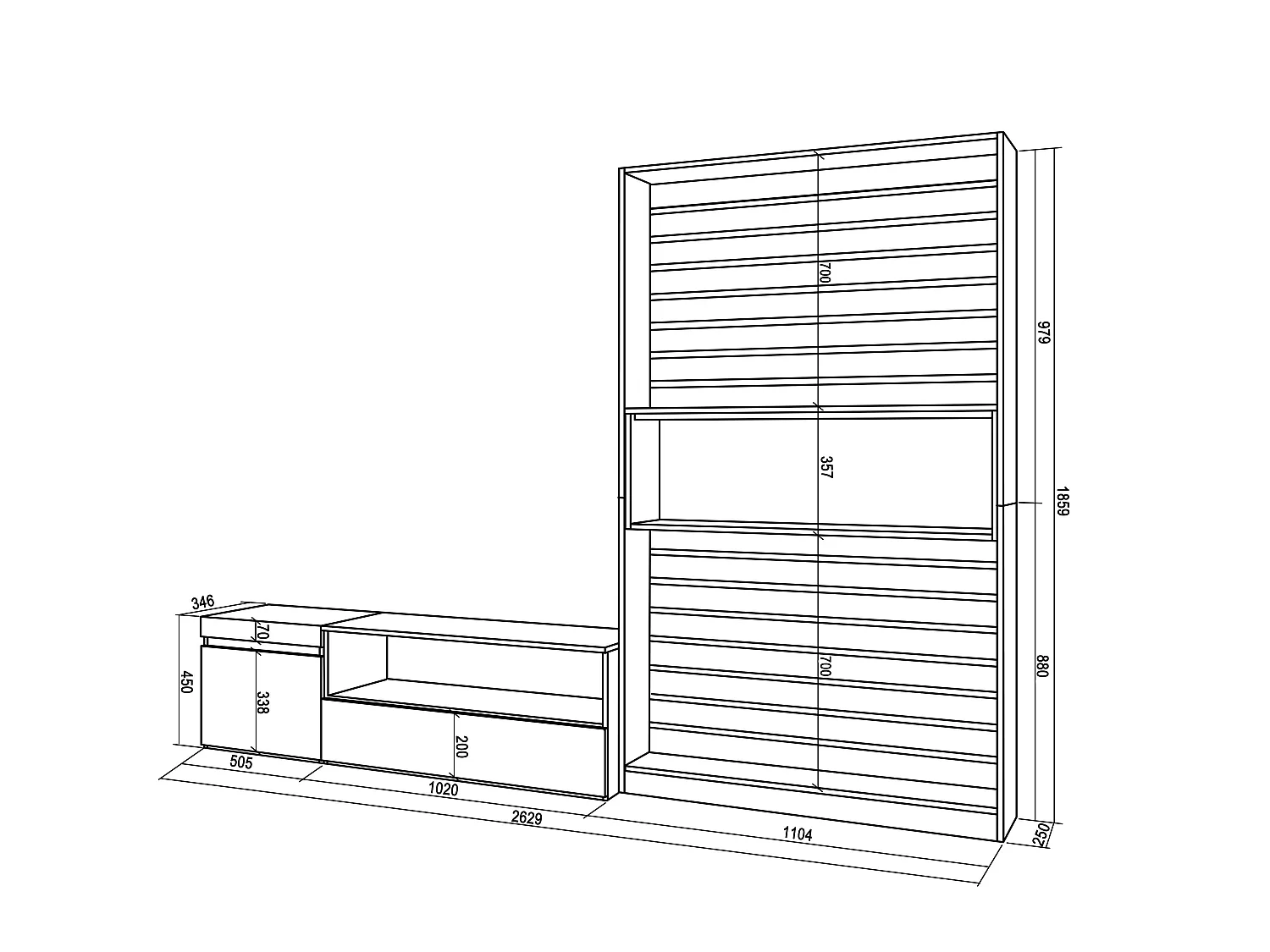 Ensemble Meuble TV, 260x35x186cm, Pour les TV jusqu'à 65", Salon Complet, Blanc et noir