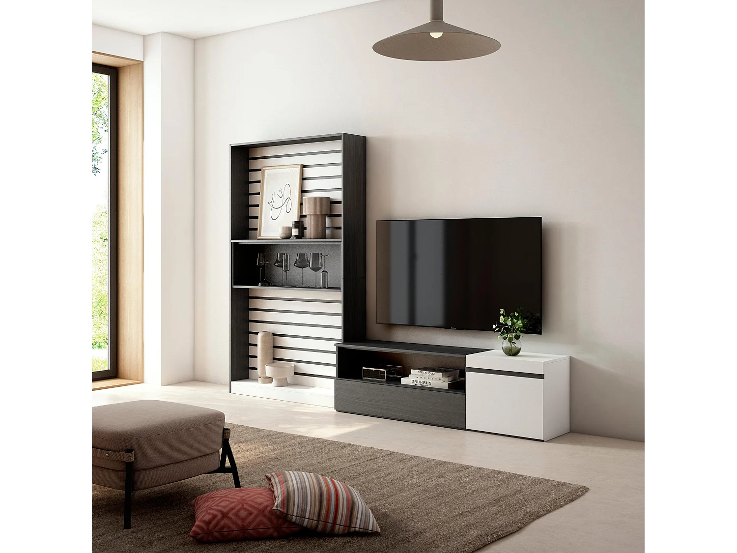 Wohnwand Wohnzimmer, 260x35x186cm, Für TV-Geräte bis zu 65", Wohnzimmer Möbel , Weiß und Schwarz