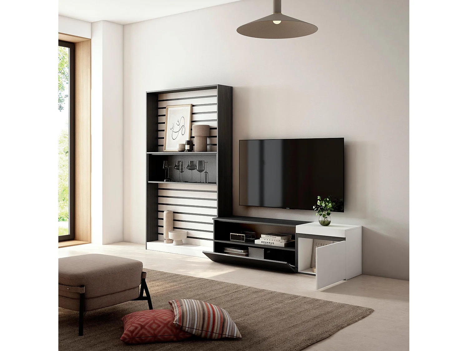 Wohnwand Wohnzimmer, 260x35x186cm, Für TV-Geräte bis zu 65", Wohnzimmer Möbel , Weiß und Schwarz
