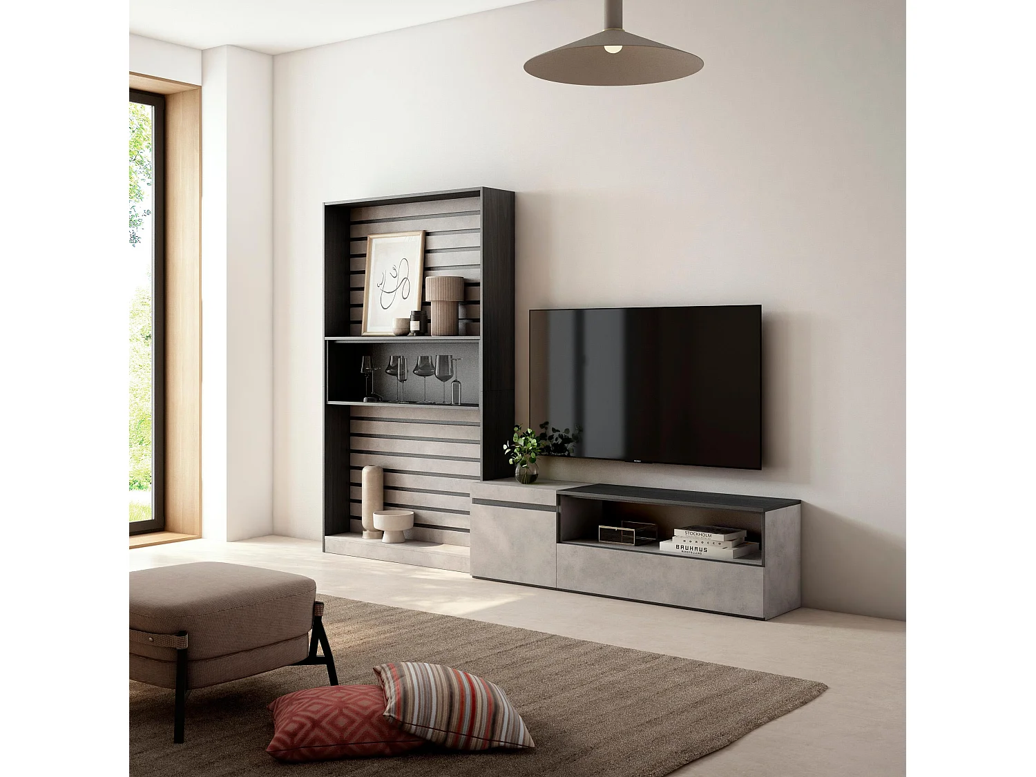 Ensemble Meuble TV, 260x186x35cm, Pour les TV jusqu'à 65", Salon Complet, Ciment