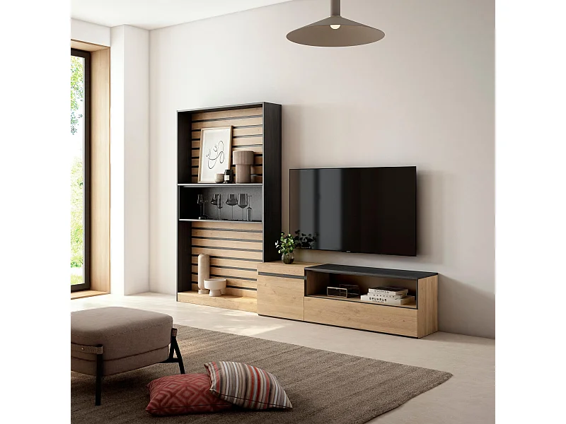 Ensemble Meuble TV, 260x35x186cm, Pour les TV jusqu'à 65", Salon Complet, Chêne et noir