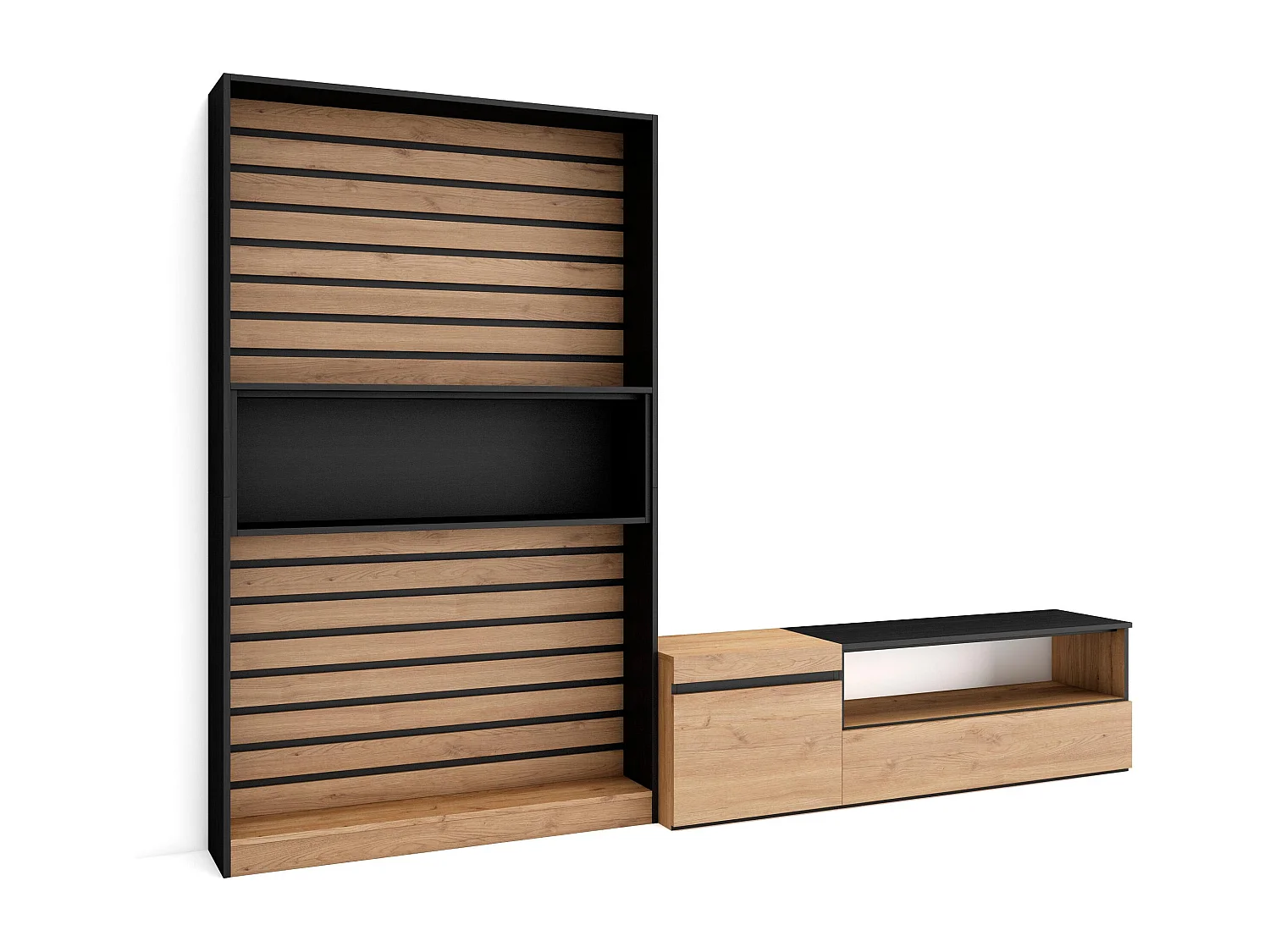 Ensemble Meuble TV, 260x35x186cm, Pour les TV jusqu'à 65", Salon Complet, Chêne et noir